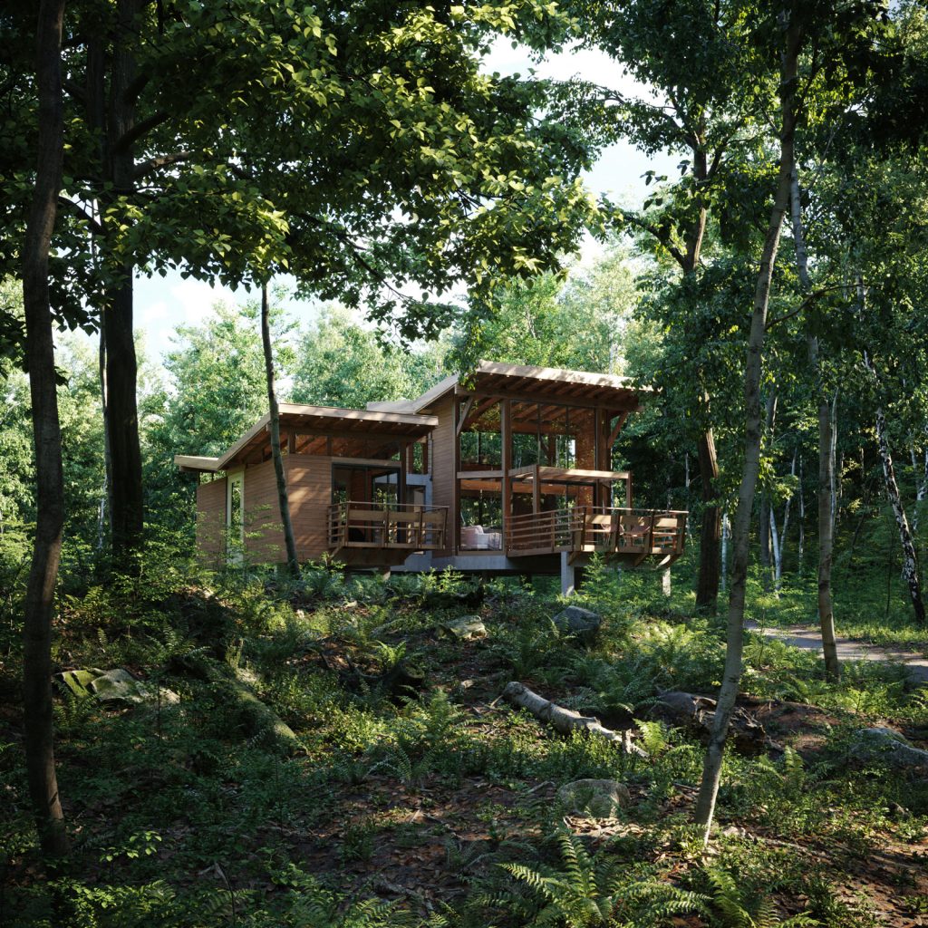 render casa de madera con vidrios no en el medio del bosque